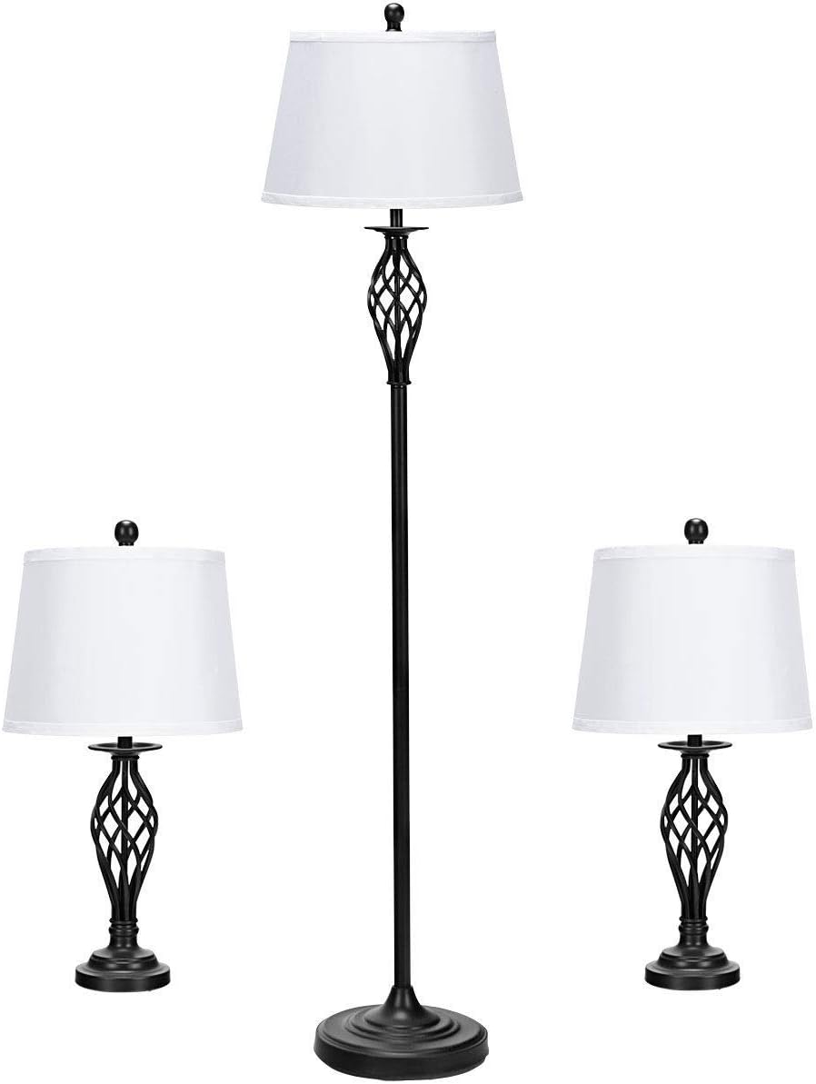 Tangkula Lamp Set 3-Piece Modern Home Living Room Bedroom Antique Bronze Finish Lamps, Floor Lamp and Table Lamps Set with Soft Pleated White Fabric Shades (Antique Bronze)