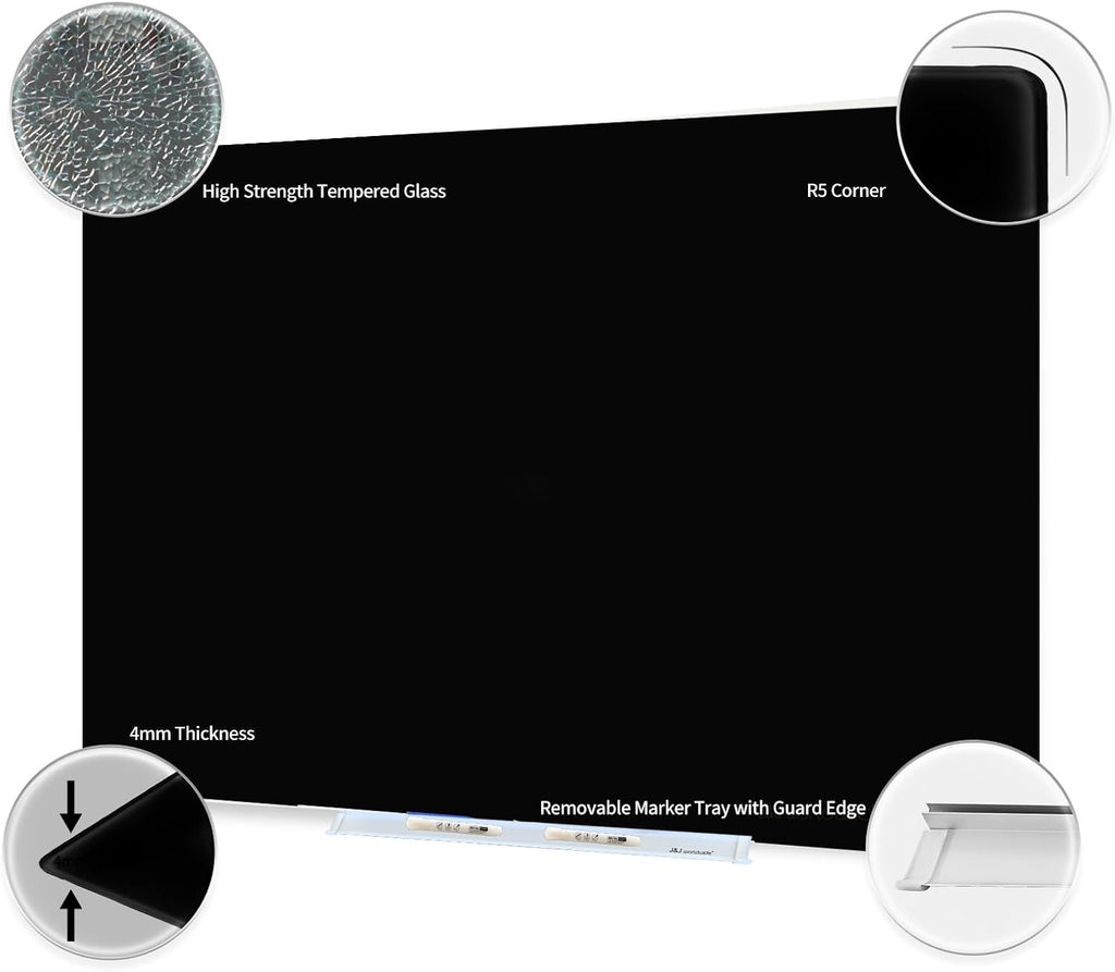 Magnetic Glass Whiteboard, Black Glass Dry Erase Board 4' x 3', Tempered Glass White Board Frameless, Home School Supplies or Home Office Decor with Magnets, Markers, Eraser, Marker Tray