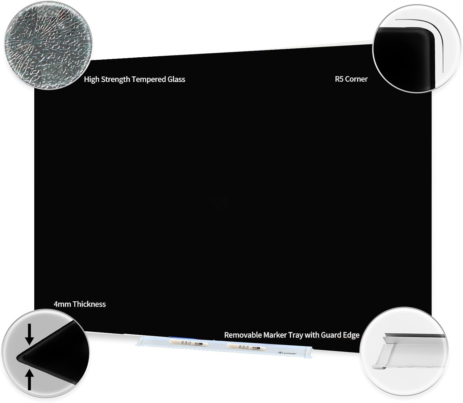 Magnetic Glass Whiteboard, Black Glass Dry Erase Board 4' x 3', Tempered Glass White Board Frameless, Home School Supplies or Home Office Decor with Magnets, Markers, Eraser, Marker Tray