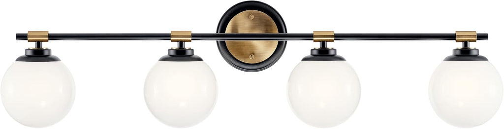 Kichler Benno 4-Light Bathroom Vanity Light Fixture with Opal Glass in Black and Champagne Bronze, Modern Wall Mount Light for Bathroom or Powder Room (8.75' x 34'), 55173BKCPZ