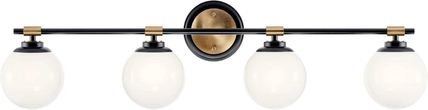 Kichler Benno 4-Light Bathroom Vanity Light Fixture with Opal Glass in Black and Champagne Bronze, Modern Wall Mount Light for Bathroom or Powder Room (8.75' x 34'), 55173BKCPZ