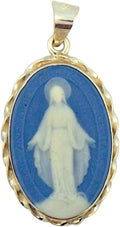 Blue Cameo Miraculous Medal in Rope Sterling Silver Frame 1 3/8 Inch