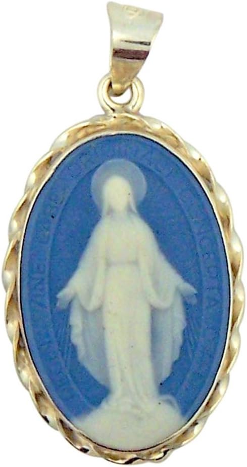 Blue Cameo Miraculous Medal in Rope Sterling Silver Frame 1 3/8 Inch