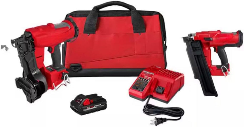 For Milwaukee 2909-21-2744-20 M18 18-Volt Lithium-Ion Brushless Cordless Coil Roofing Nailer Kit w/ (1) 3.0 Ah Battery & 21-Degree Framing Nailer