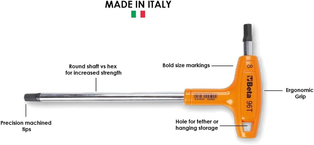 Beta 96T 7/64' SAE (Fractional Inch) T-Handle Hex Key Wrench | High Torque Ergonomic Allen Wrench with Dual Hex Tips | Drop Prevention Hole | Industrial Strength | Made in Italy