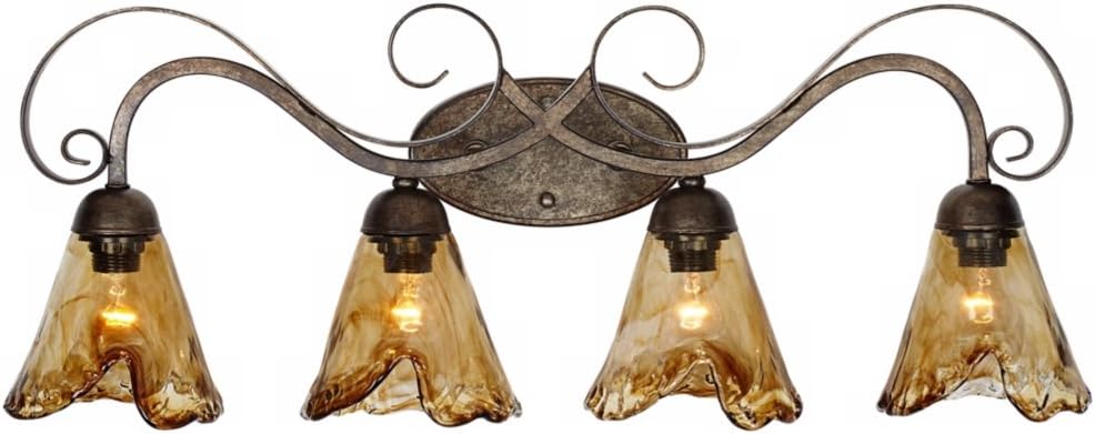 Franklin Iron Works Amber Scroll Rustic Vintage Wall Mount Light Golden Bronze Silver Metal 29 1/2' Wide 4-Light Vanity Fixture Organic Art Glass Shades Decor for Bathroom Over Mirror House Home