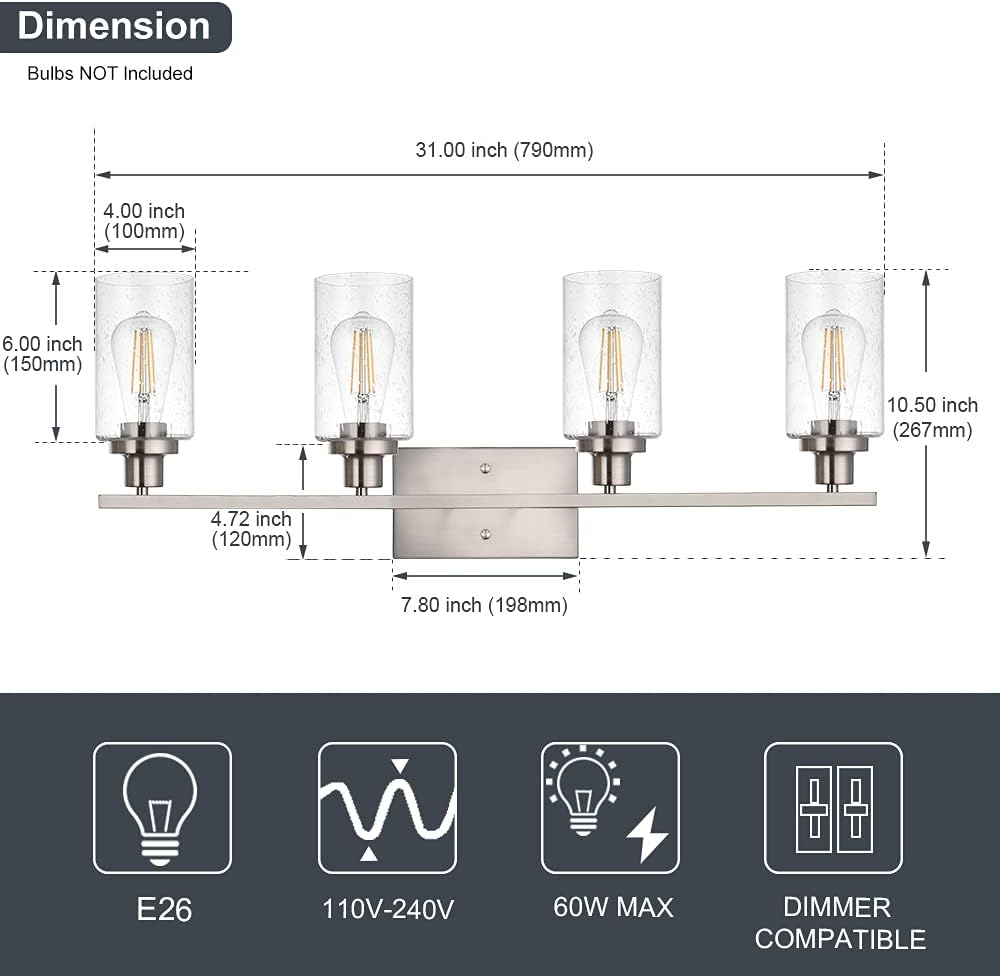 4-Lights Modern Vanity Light Fixtures for Bathroom Over Mirror, Farmhouse 31-Inches Length Seeded Glass Bath Wall Sconce Lighting in Brushed Nickel