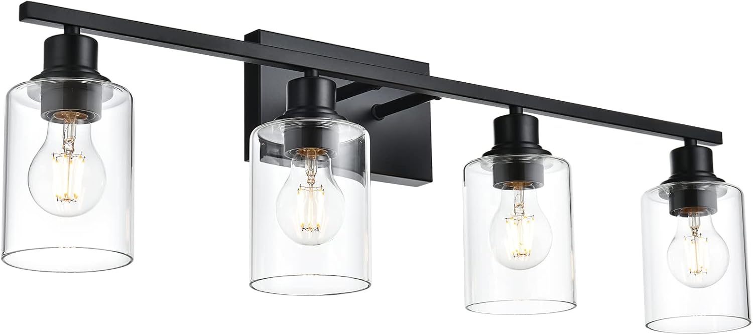 4-Light Modern Bathroom Lighting Fixtures, 31' Matte Black Bathroom Vanity Lights with Clear Glass Shade, Anti-Rust Farmhouse Wall Sconces for Bedroom Cabinet Kitchen E26 Socket (Bulbs Not Included)