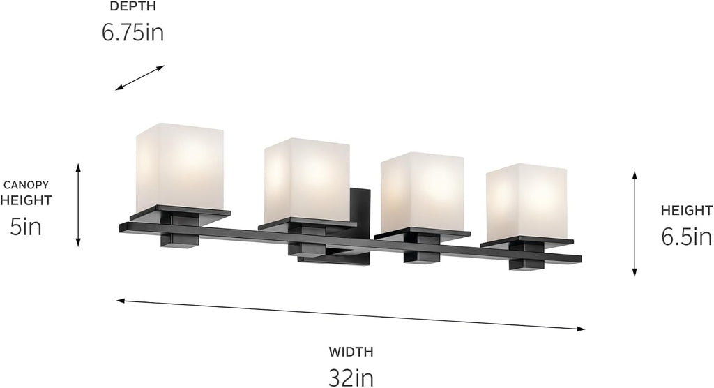 Kichler Tully 32' 4-Light Bathroom Vanity Light Fixture with Satin Etched Cased Opal Glass in Black for Over Mirror, Modern Wall Mount Lighting (32' x 6.5' x 7'), 45152BK