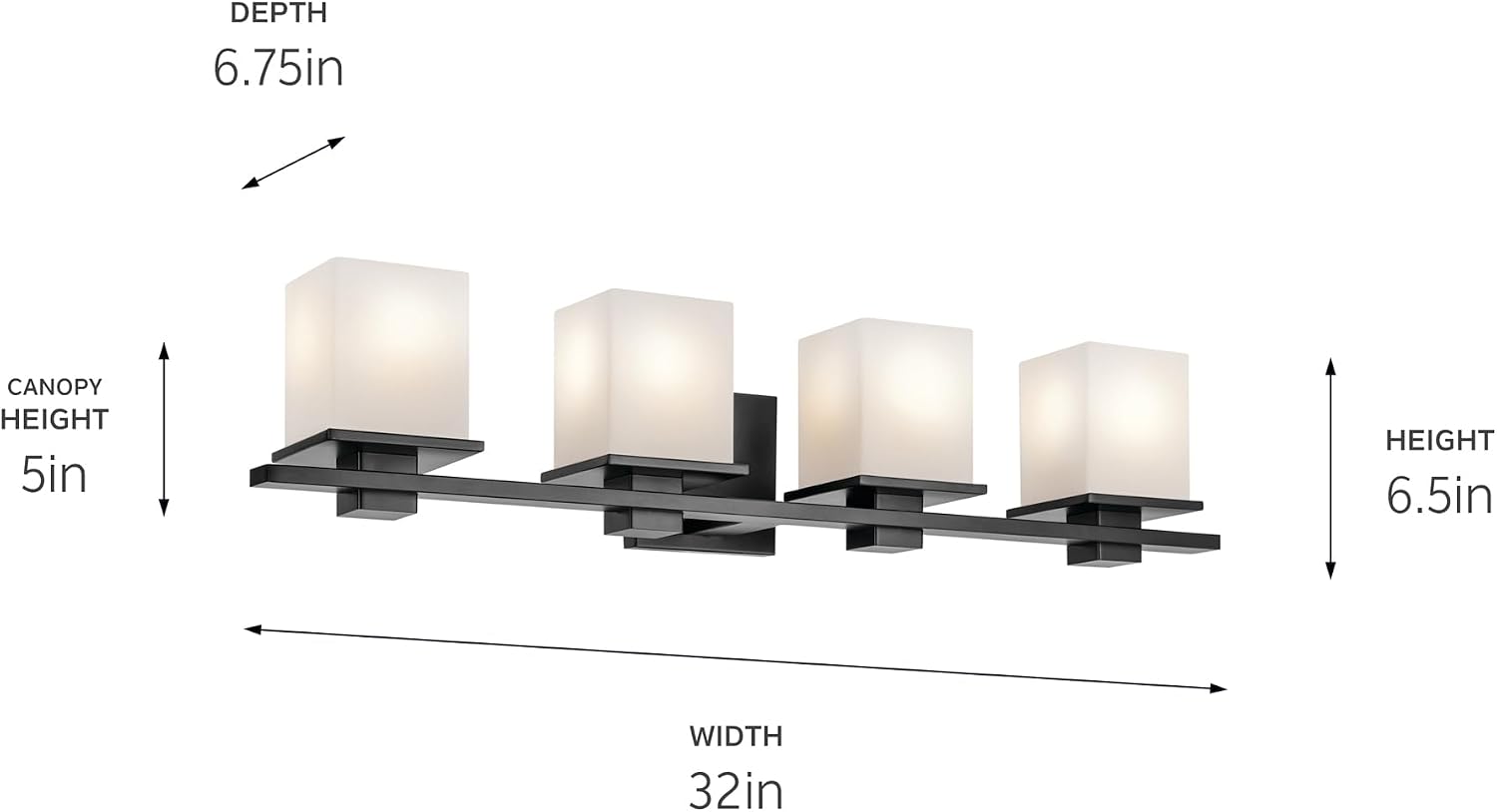 Kichler Tully 32' 4-Light Bathroom Vanity Light Fixture with Satin Etched Cased Opal Glass in Black for Over Mirror, Modern Wall Mount Lighting (32' x 6.5' x 7'), 45152BK