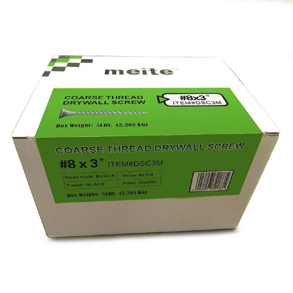 meite #8 Coarse Thread Drywall Screws by 3-Inch Leg Length with Bugle Head, 5 Pounds Black (8 Boxes) #DSC3M