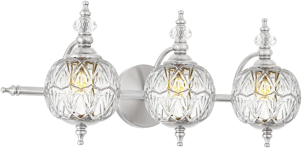 Brushed Nickel Bathroom Vanity Light Fixture Vintage Style - 3 Light G9 Bulb Compatible, 23' Wide Bathroom Lighting Over Mirror with Hand-Etched Glass Shades, Easy Mount for Makeup Area
