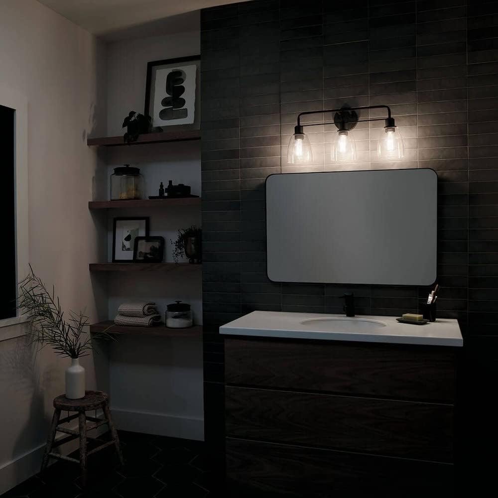 Kichler Meller 24.25' 3-Light Bathroom Vanity Light Fixture with Clear Glass Shades in Brushed Nickel, Industrial Modern Style Over Mirror (24.25' x 11.25' x 7'), 55102NI