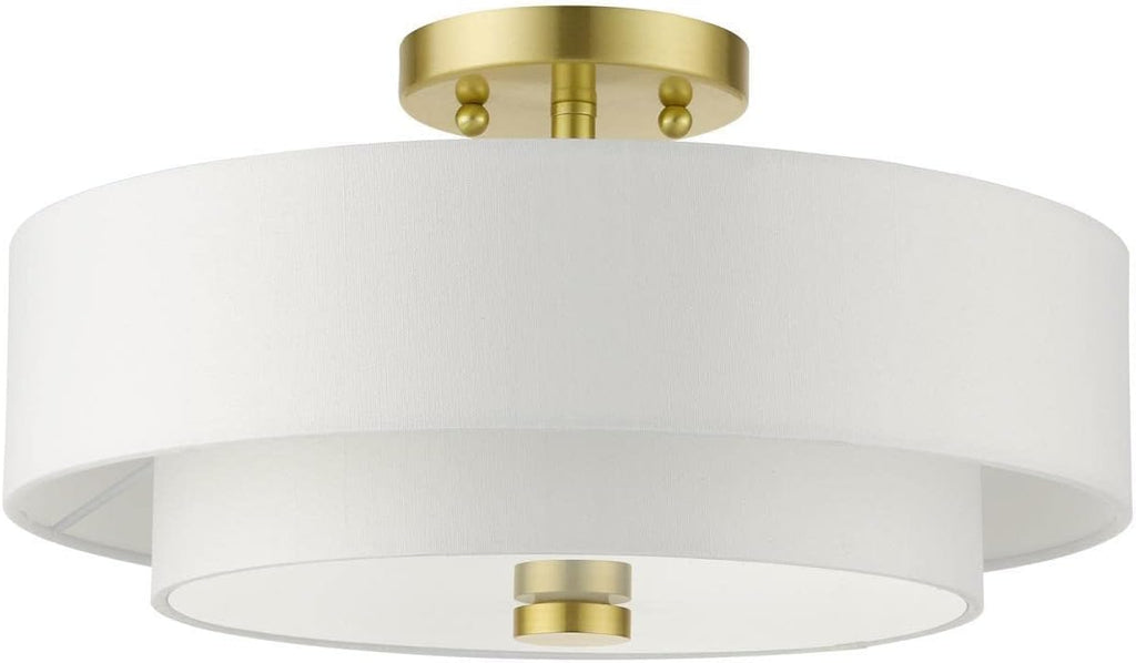 Livex Lighting 51044-12 Meridian Collection 3-Light Semi Flush Mount Ceiling Light with Off-White Hardback Fabric Shade, Satin Brass 15 x 15 x 8.25