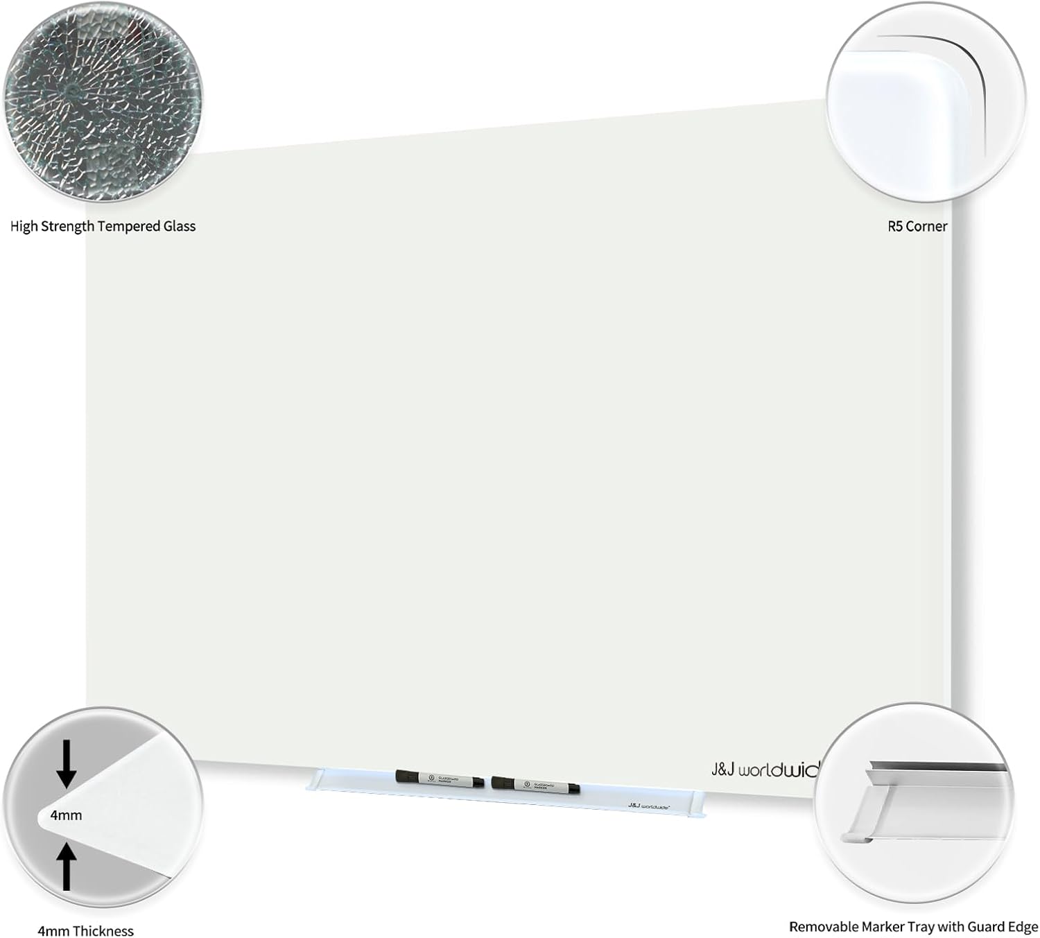 Magnetic Glass Whiteboard, Glass Dry Erase Board 4' x 3' White Surface, Glass White Board Frameless, Home School Supplies or Home Office Decor with Magnets, Markers, Eraser, Marker Tray