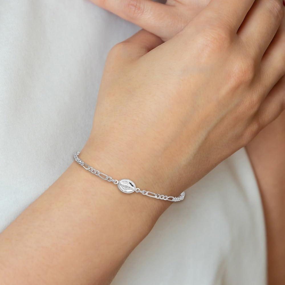 925 Sterling Silver Rhodium-plated Miraculous Medal with 1'' ext. Figaro Chain Bracelet for Women 8.25'', White, AFJ-QG-QG6560-7.25-MP