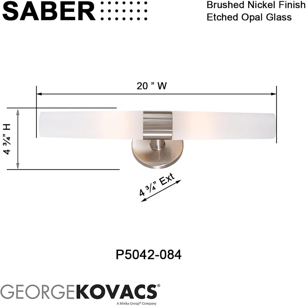 GEORGE KOVACS P5042-084 Saber Vanity Bath Light, 2-Light, 120 Total Watts, 4.75-in H x 20-in W, Brushed Nickel