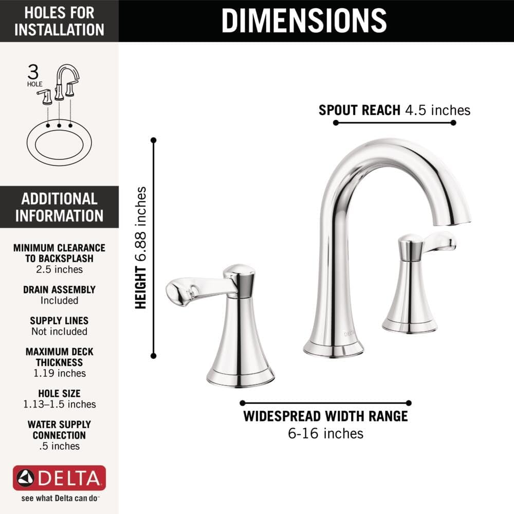 Delta Faucet Esato Widespread Bathroom Faucet Chrome, Bathroom Faucet 3 Hole, Bathroom Sink Faucet, Drain Assembly Included, Chrome 35897LF