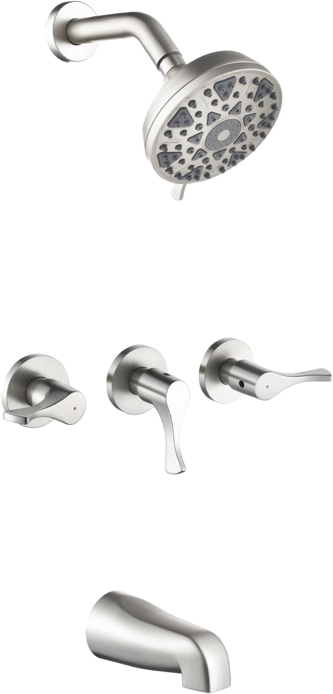 3 Handles Shower Faucet Set with Tub Spout Bathtub Shower Faucets Combo Set Shower System Complete Tub and Shower Trim Kit Brushed Nickel Shower Fixtures Brushed Nickel Shower Set