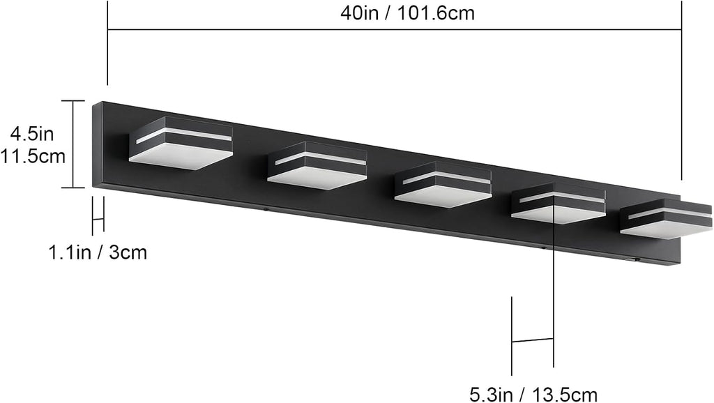 Bathroom Vanity Lighting Fixtures Over Mirror (5-Light, 40-Inch) Dimmable Modern LED Bathroom Wall Lighting Fixtures, Matte Black (3000K/3500K/4000K/5000K/6000K)