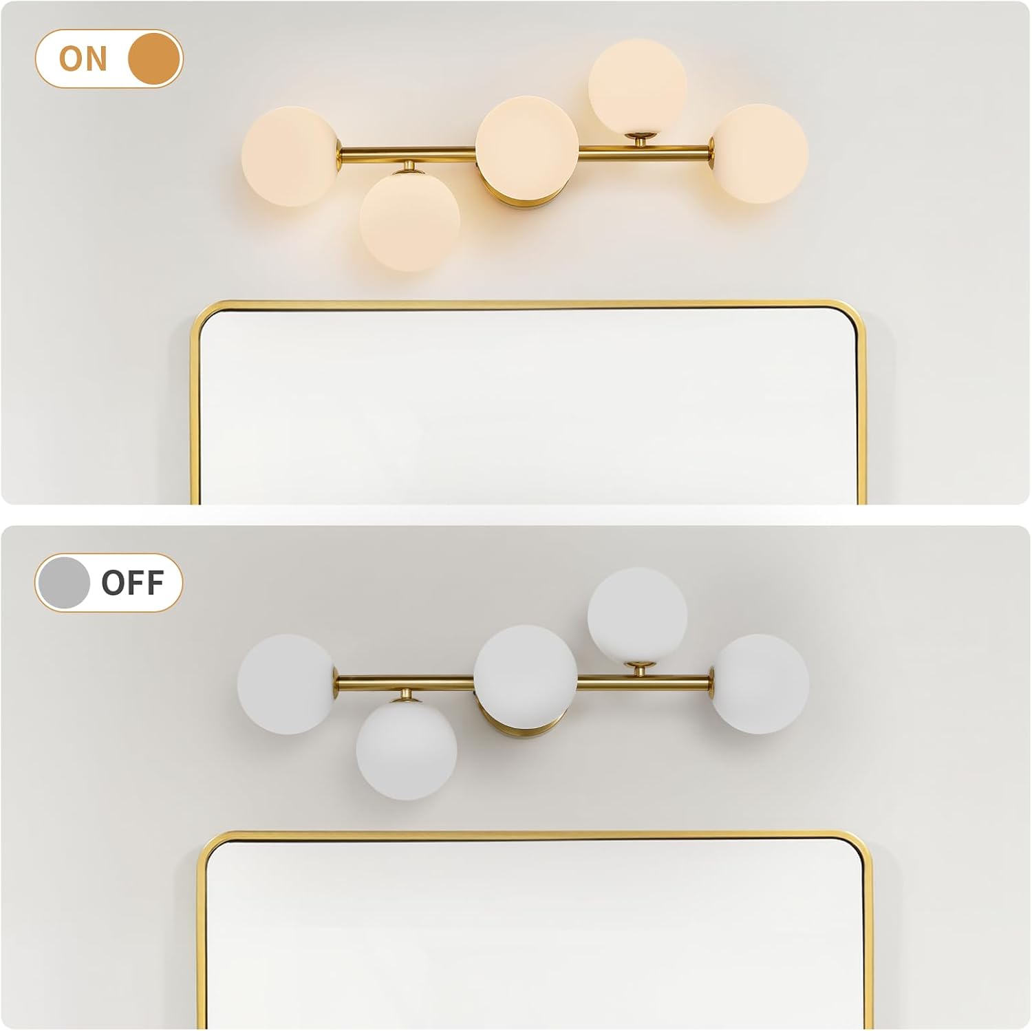 LED Bathroom Vanity Light Fixtures: Modern Gold Brushed Brass 5 Lights Wall Sconce Lighting - Dimmable Vanity Light with Milk White Globe Bubble Glass Shade - Mid century Bathroom Lights over Mirror