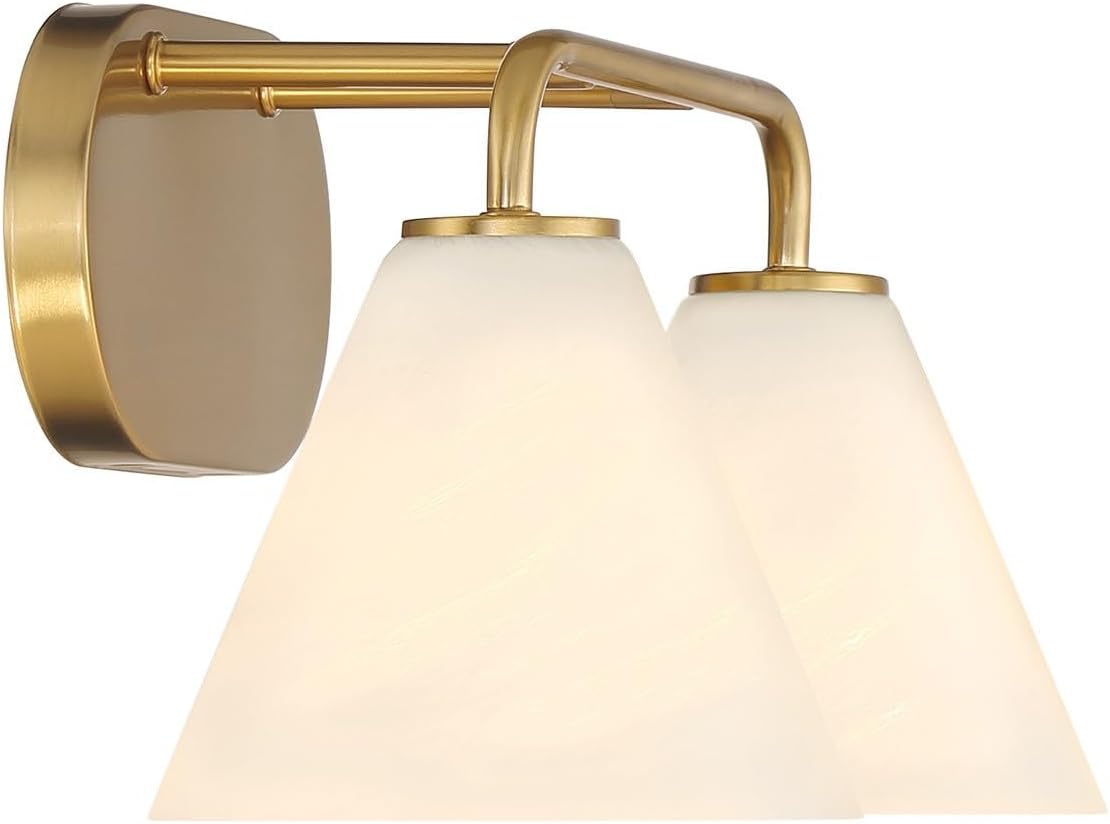 Savoy House 8-2988-2-322 Blair White Strie Glass Bathroom Conical Bathroom Vanity Light, 2-Light 120 Total Watts, 8'' H x 16'' W, Warm Brass