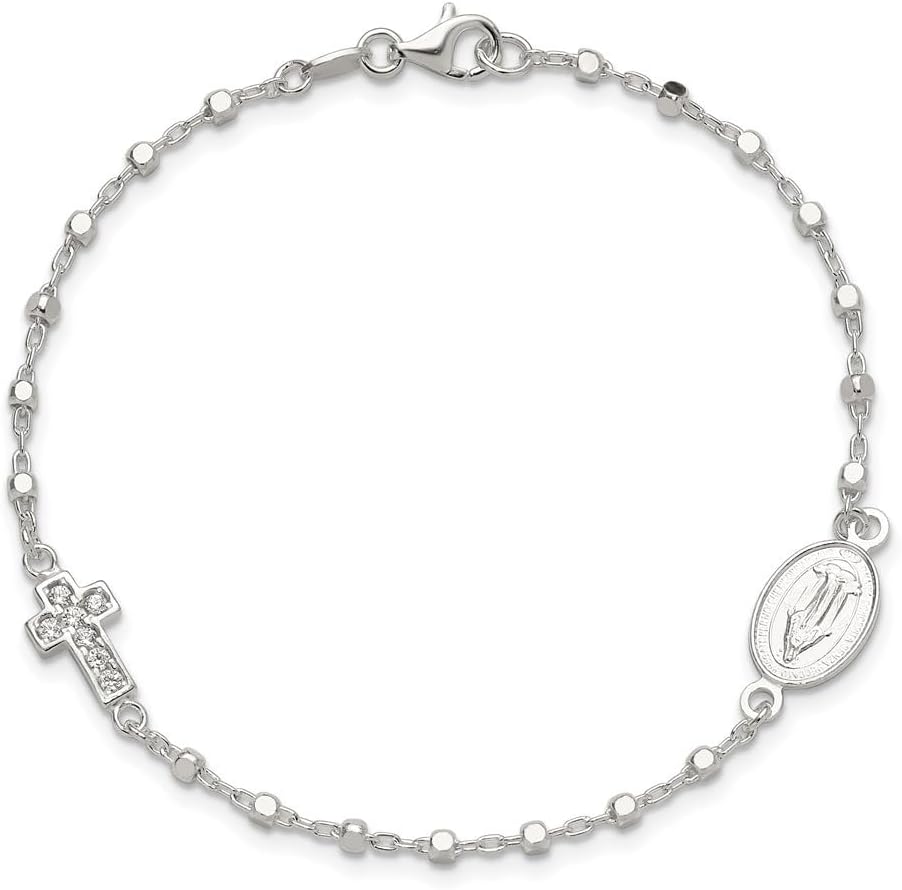 925 Sterling Silver Polished with Cubic zirconia Cross and Miraculous Medal Cable Chain Bracelet 7.5'