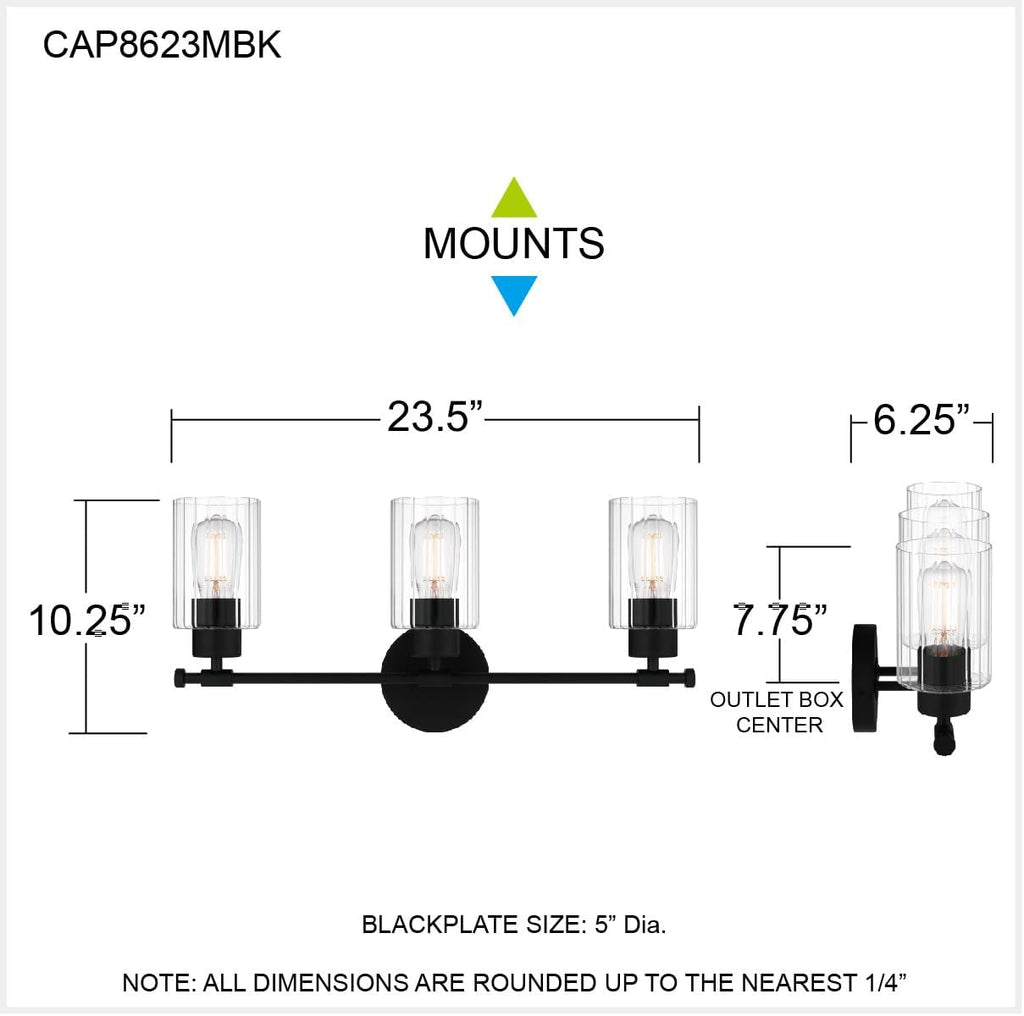 Quoizel Caputo Bath Vanity Lights, 24 Inch 3-Light Matte Black Lighting Fixtures Over Mirror, Clear Ribbed Glass, 100W, Modern Industrial Wall Mount Light for Bathroom, Dresser or Sink