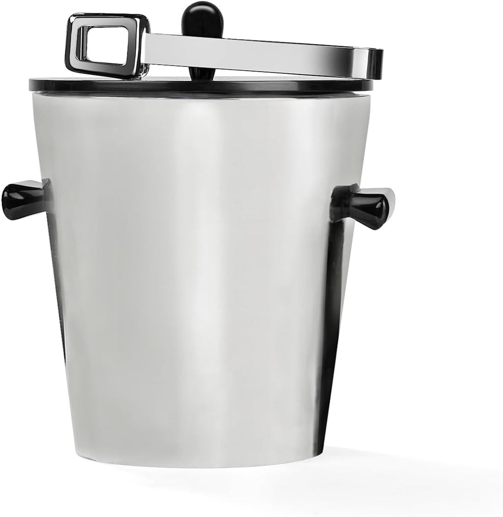 Nambé Circa Ice Bucket with Tongs – Double-Walled Stainless Steel Bucket with Black Lacquered Resin Lid & Handles, 8'W x 9.5'L x 10'H – Includes Tongs for Home Bar, Champagne & Wine Chilling