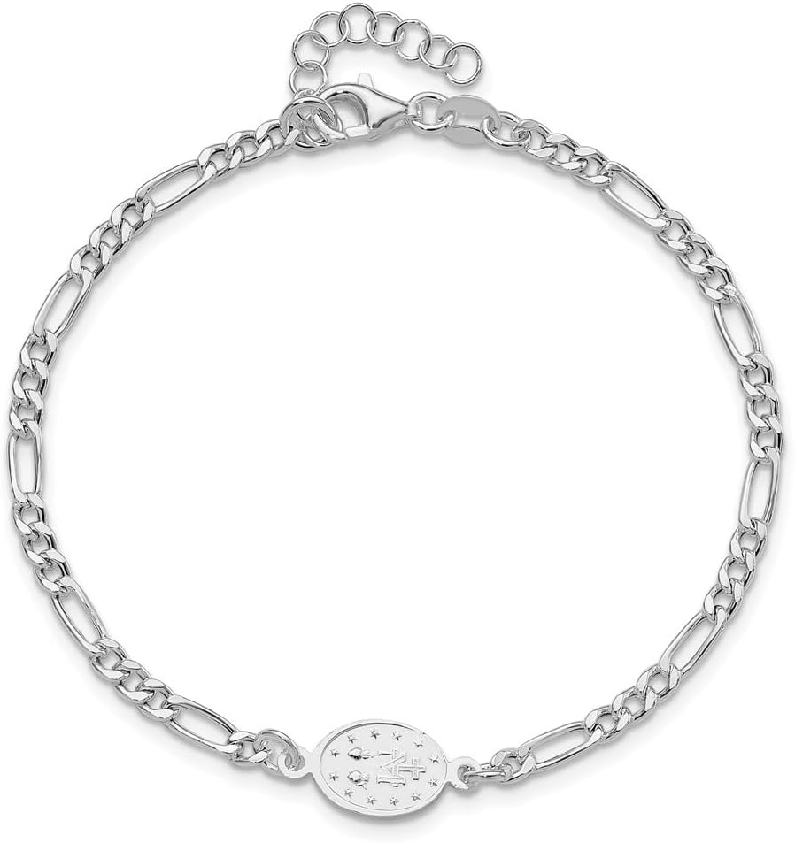 925 Sterling Silver Rhodium-plated Miraculous Medal with 1'' ext. Figaro Chain Bracelet for Women 8.25'', White, AFJ-QG-QG6560-7.25-MP