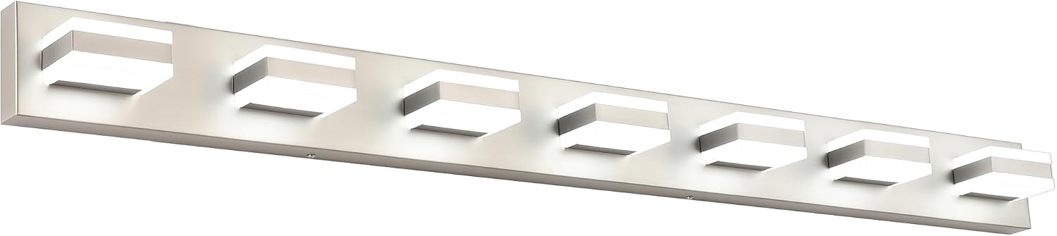 SOLFART Bathroom Vanity Lighting Over Mirror,7 Lights Brushed Nickel Vanity Light, Modern LED Light Fixtures,53 Inch for Bathroom