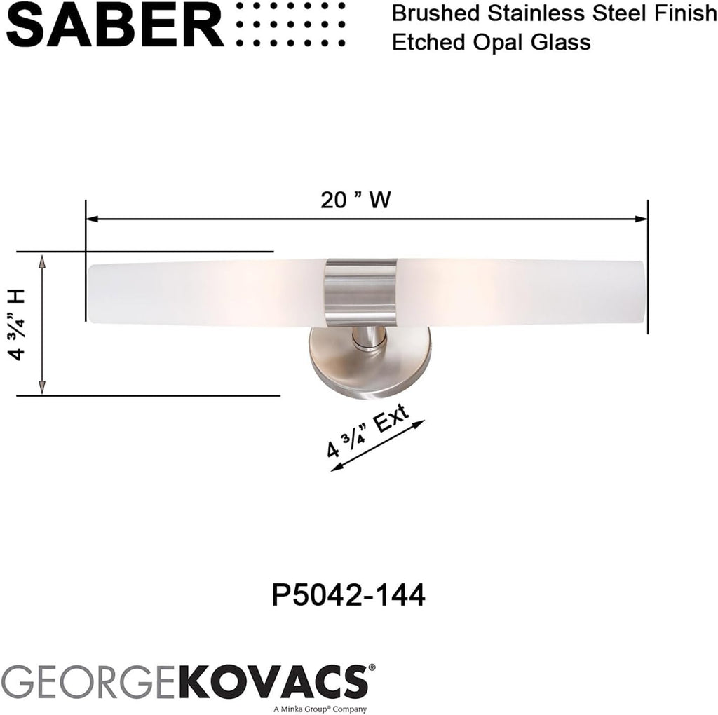 GEORGE KOVACS P5042-144 Saber Vanity Bath Light, 2-Light, 120 Total Watts, 4.75-in H x 20-in W, Brushed Stainless Steel