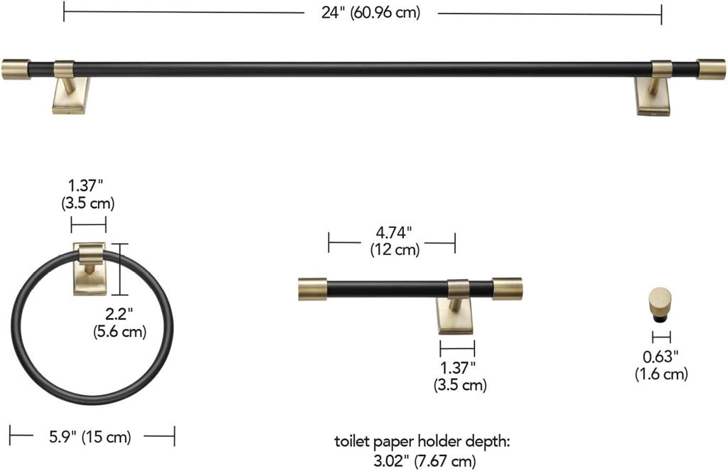 GLOBE Electric 63000058 5-Piece All-in-One Bathroom Accessory Set, Brass & Black, 3-Light Vanity Light, Towel Bar, Toilet Paper Holder, Towel Ring, Robe Hook, Bathroom Lights Over Mirror