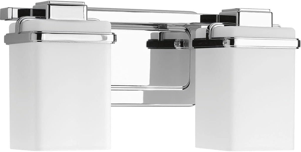 Progress Lighting 2 Light Bathroom Vanity Light, Coastal Style Modern Bath Lighting Fixture with Etched White Glass Shade for Over the Mirror, Reversible Mounting, Metric Collection, Polished Chrome