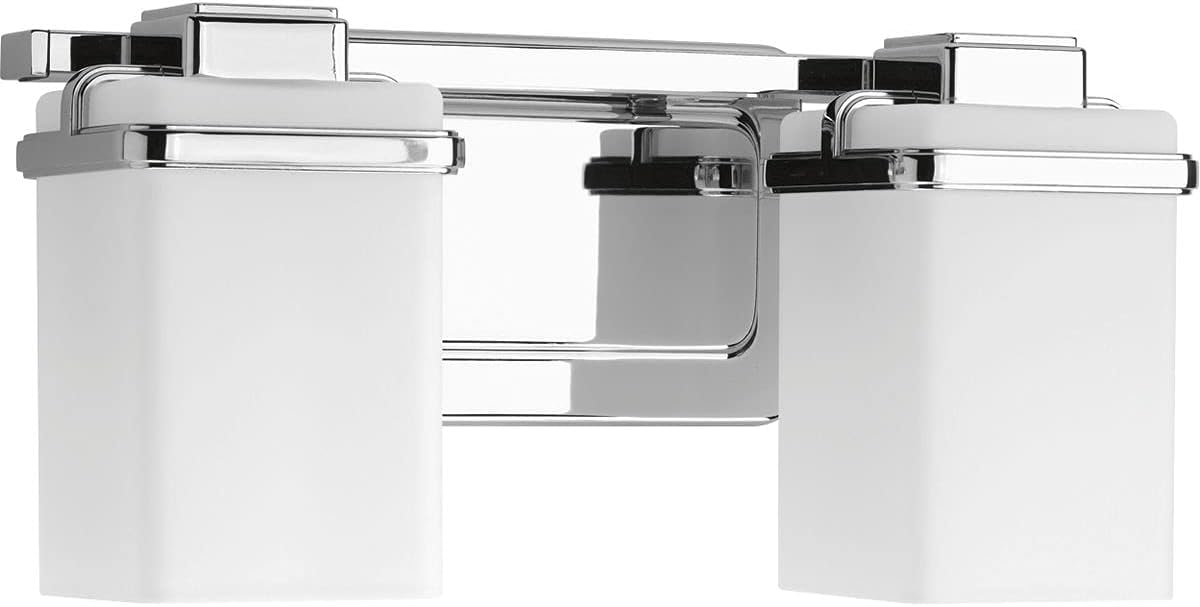 Progress Lighting 2 Light Bathroom Vanity Light, Coastal Style Modern Bath Lighting Fixture with Etched White Glass Shade for Over the Mirror, Reversible Mounting, Metric Collection, Polished Chrome