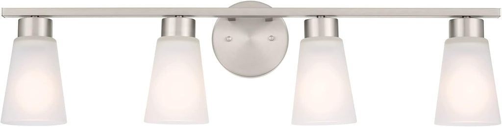 Kichler Stamos 4-Light Bathroom Vanity Light Fixture with Satin Etched Glass Shades, 26 in Modern Wall Light in Brushed Nickel for Bathroom Mirror (26 in x 8 in x 5 in), 55122NI