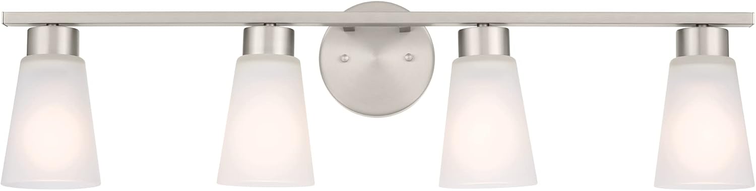 Kichler Stamos 4-Light Bathroom Vanity Light Fixture with Satin Etched Glass Shades, 26 in Modern Wall Light in Brushed Nickel for Bathroom Mirror (26 in x 8 in x 5 in), 55122NI