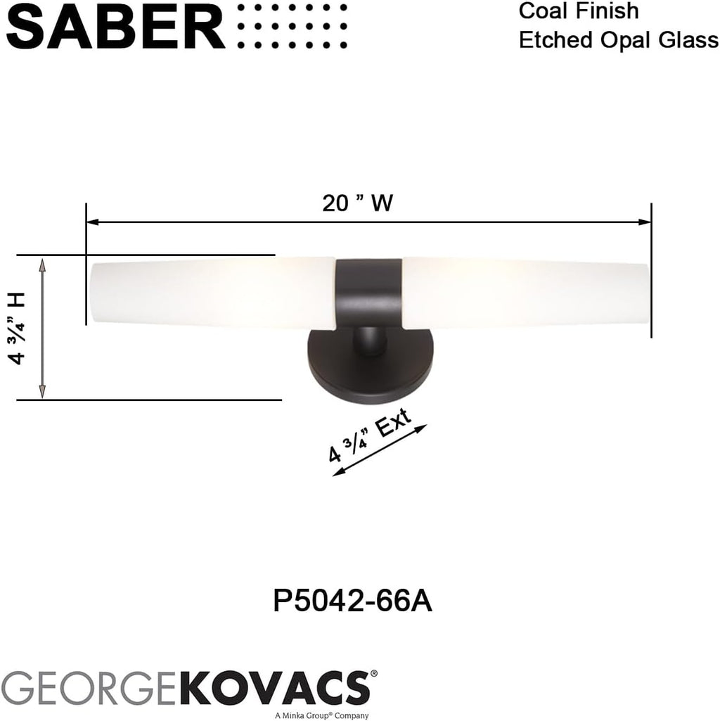 GEORGE KOVACS P5042-66A Saber Wall Sconce, 2-Light, 120 Total Watts, 5-in H x 20.25-in W, Coal Black