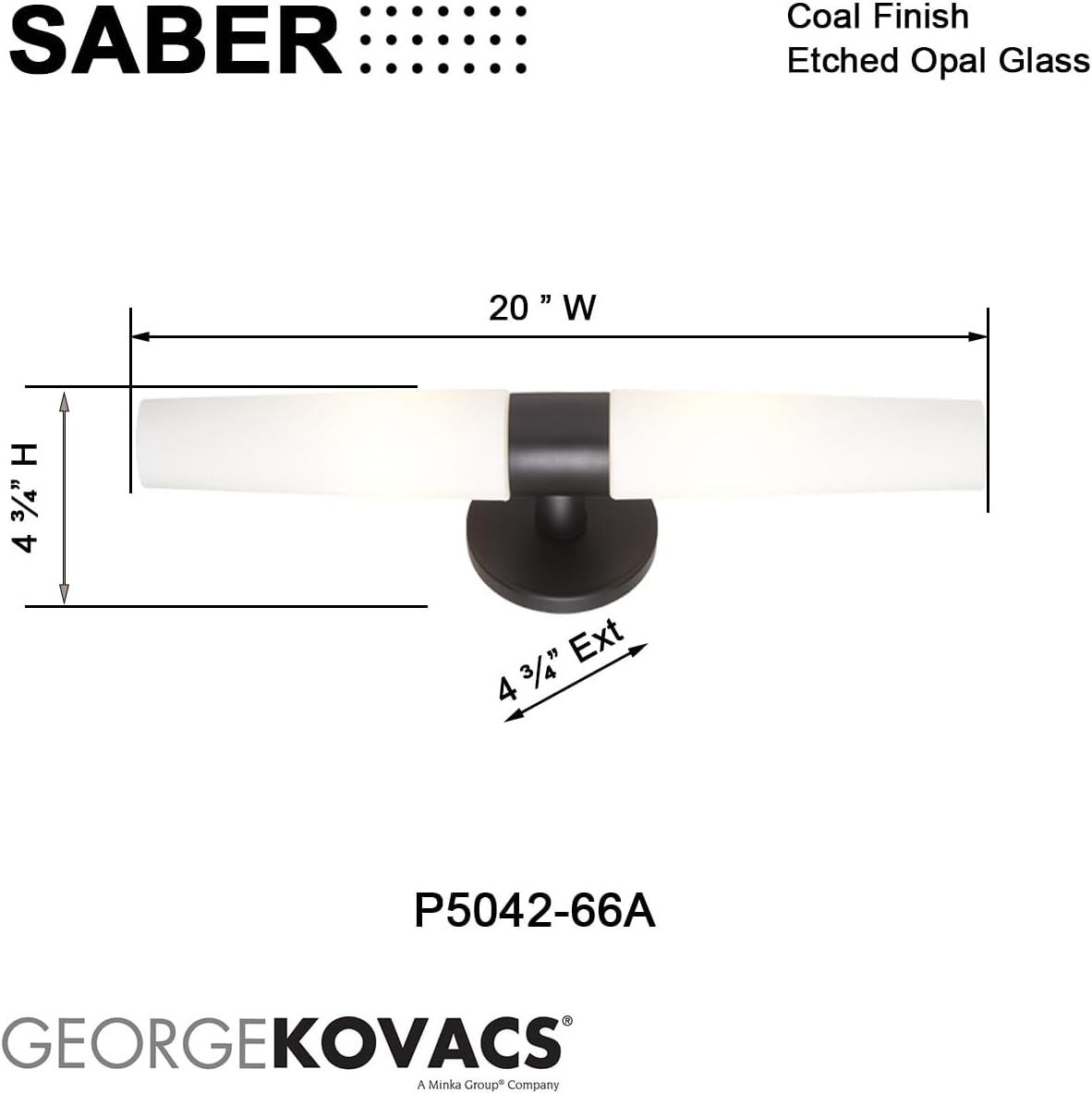 GEORGE KOVACS P5042-66A Saber Wall Sconce, 2-Light, 120 Total Watts, 5-in H x 20.25-in W, Coal Black
