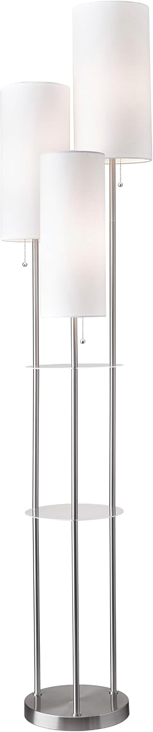 Adesso Trio Floor Lamp with Three Pull Chain Lights and Two-Tier Storage, Brushed Steel Base, White Linen Shades, 68' Tall, Enhances Room Decor and Lighting