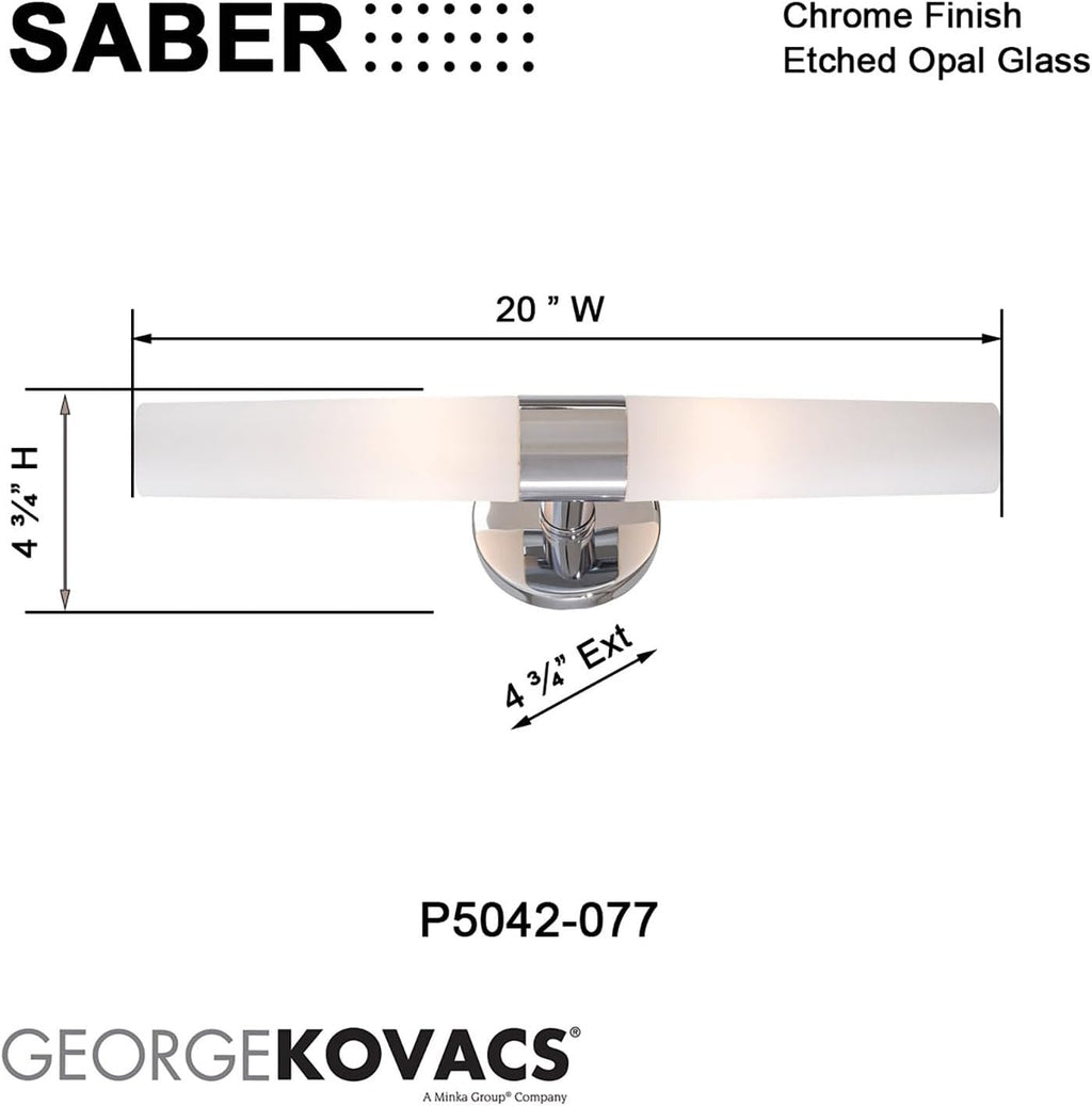 GEORGE KOVACS P5042-077 Saber Vanity Bath Light, 2-Light, 120 Total Watts, 4.75-in H x 20-in W, Chrome