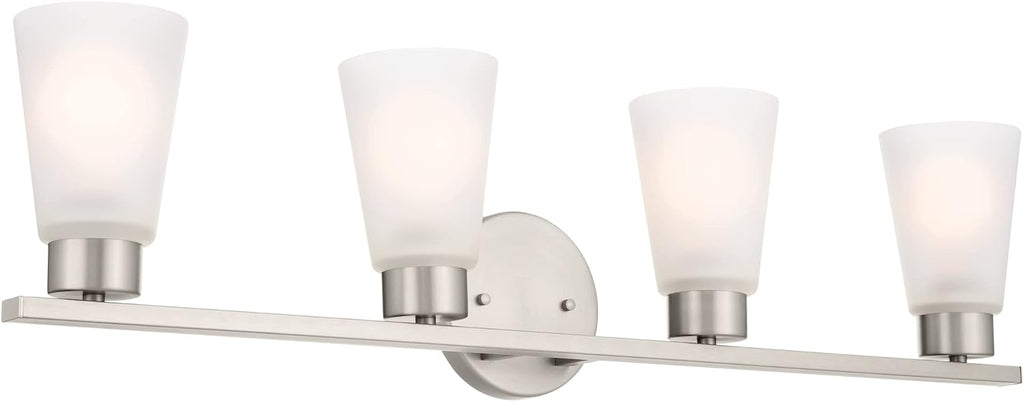 Kichler Stamos 4-Light Bathroom Vanity Light Fixture with Satin Etched Glass Shades, 26 in Modern Wall Light in Brushed Nickel for Bathroom Mirror (26 in x 8 in x 5 in), 55122NI