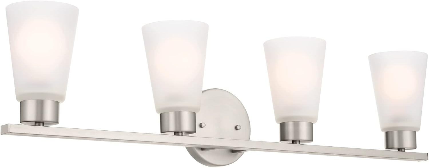 Kichler Stamos 4-Light Bathroom Vanity Light Fixture with Satin Etched Glass Shades, 26 in Modern Wall Light in Brushed Nickel for Bathroom Mirror (26 in x 8 in x 5 in), 55122NI