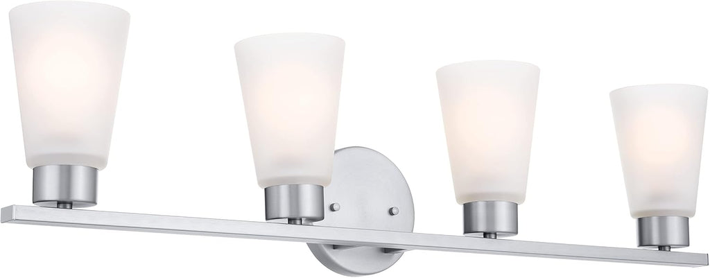 Kichler Stamos 4-Light Bathroom Vanity Light Fixture with Satin Etched Glass Shades, 26 in Modern Wall Light in Brushed Nickel for Bathroom Mirror (26 in x 8 in x 5 in), 55122NI