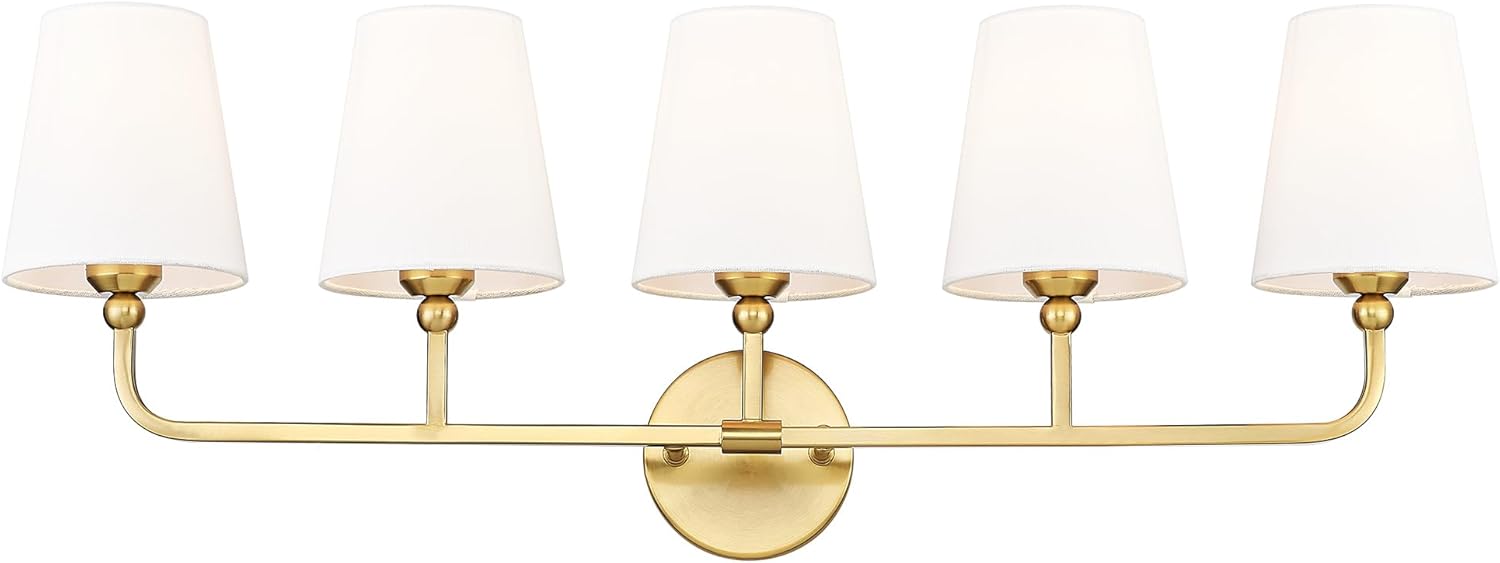 Bathroom Light Fixtures, 5 Light Brushed Gold Vanity Lights with Flared White Fabric Shade, 35 Inch Wall Sconce, Modern Sconces Wall Lighting for Hallway Bedroom, VL837-BG-5