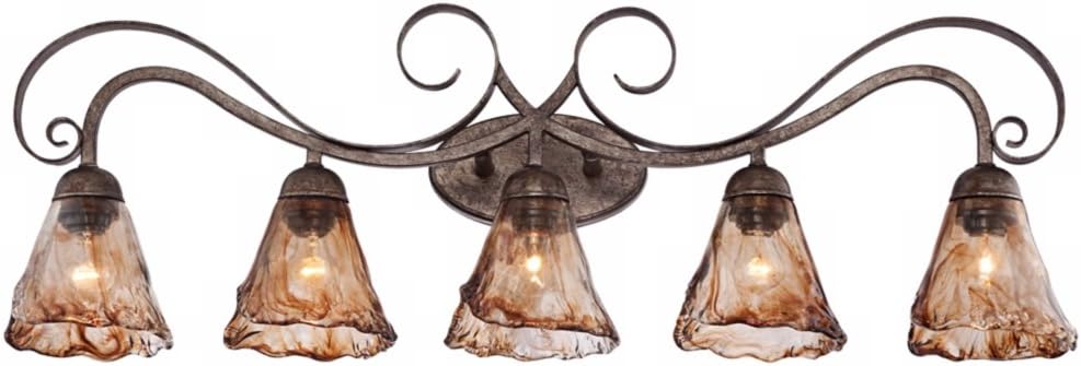 Franklin Iron Works Amber Scroll Rustic Vintage Wall Mount Light Golden Bronze Silver Metal 37 1/4' Wide 5-Light Vanity Fixture Organic Art Glass Shades Decor for Bathroom Over Mirror House Home