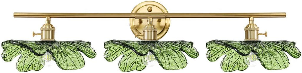 3 Light Bathroom Lighting fixtures Over Mirror, Gold brass Wall Sconce Vintage Bathroom Vanity Light Green Glass Wall Sconce mid Century Modern Wall lamp Art Deco Vanity Lights for Living Room Bedroom