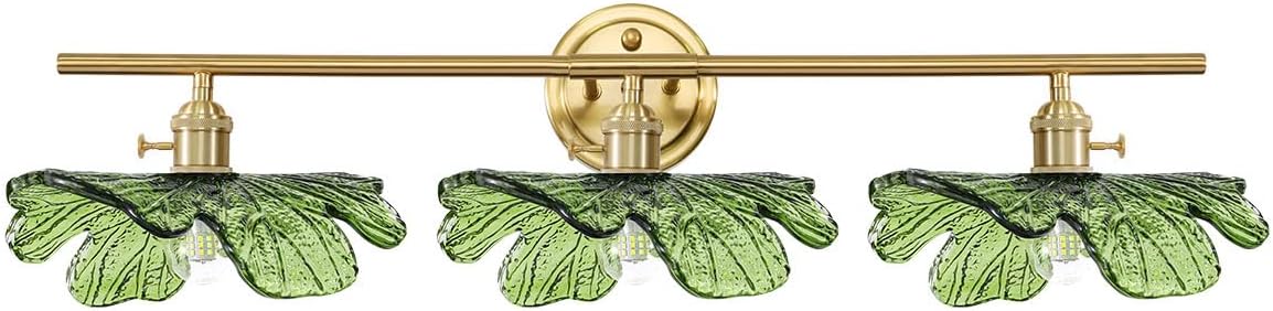 3 Light Bathroom Lighting fixtures Over Mirror, Gold brass Wall Sconce Vintage Bathroom Vanity Light Green Glass Wall Sconce mid Century Modern Wall lamp Art Deco Vanity Lights for Living Room Bedroom