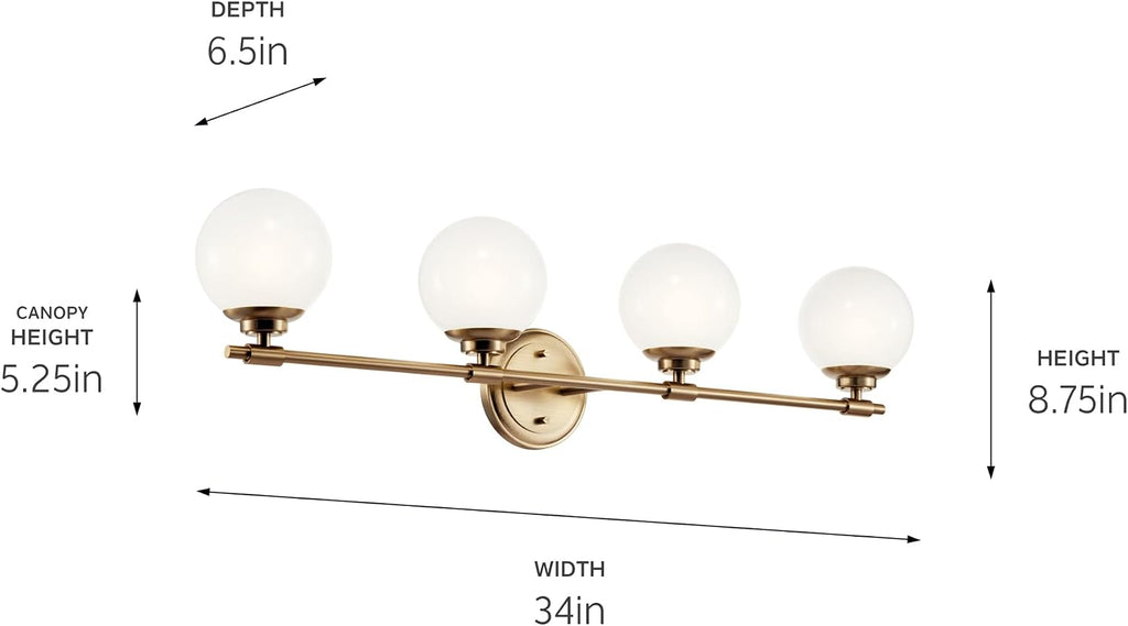 Kichler Benno 4-Light Bathroom Vanity Light Fixture with Opal Glass in Champagne Bronze, Modern Wall Mount Over Mirror for Bathroom or Powder Room (8.75' x 34'), 55173CPZ