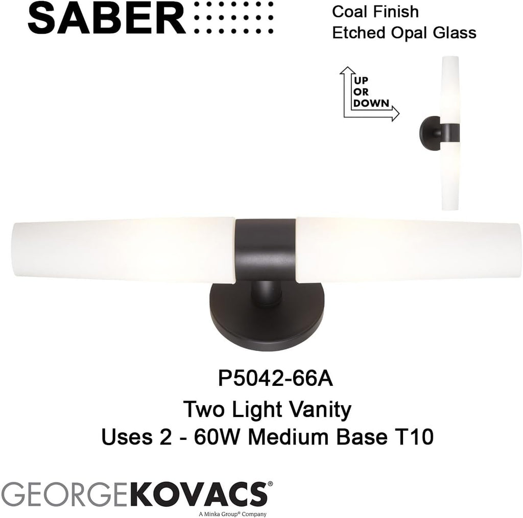 GEORGE KOVACS P5042-66A Saber Wall Sconce, 2-Light, 120 Total Watts, 5-in H x 20.25-in W, Coal Black